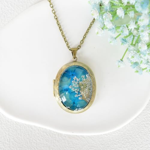 Vintage Photo Locket Necklace Handmade Pressed Flower Locket Necklace for Women - style: Blue Hydrangea(1.53"x 1.85")