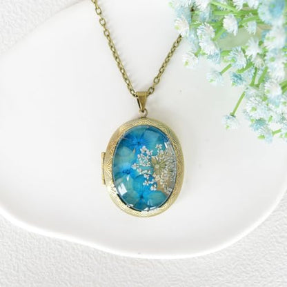 Vintage Photo Locket Necklace Handmade Pressed Flower Locket Necklace for Women - style: Blue Hydrangea(1.53"x 1.85")