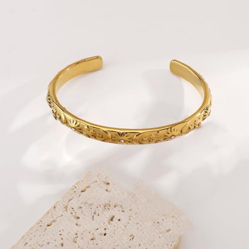 Embossed Moon Star Sun Bangle Cuff Bracelet for Women Fashion CZ Insected Celestial Open Adjustable Statement Bracelets Lightweight Boho Wrist Wrap Dress Accessories Jewelry Gift - color: Gold-Tone