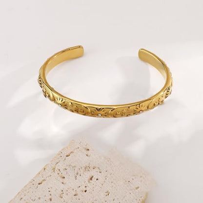Embossed Moon Star Sun Bangle Cuff Bracelet for Women Fashion CZ Insected Celestial Open Adjustable Statement Bracelets Lightweight Boho Wrist Wrap Dress Accessories Jewelry Gift - color: Gold-Tone