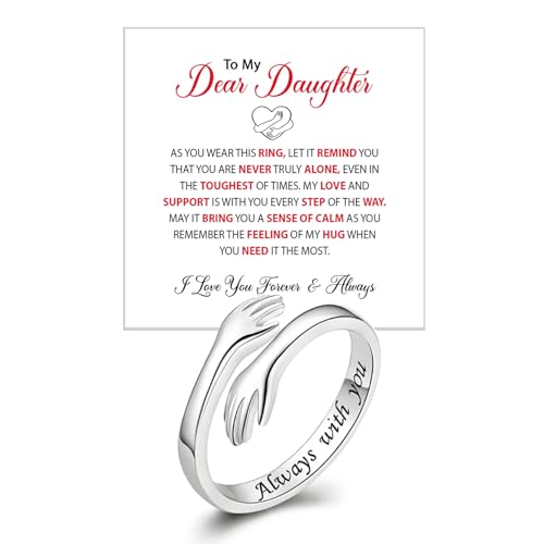To My Daughter Hug Ring For Hope Rings, Inspirational Stainless Steel Engarved With Always With You Message Adjustable Ring for Women Non Tarnish Jewelry Gift for Her Birthday Christmas - color: Hug-Daughter