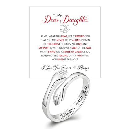 To My Daughter Hug Ring For Hope Rings, Inspirational Stainless Steel Engarved With Always With You Message Adjustable Ring for Women Non Tarnish Jewelry Gift for Her Birthday Christmas - color: Hug-Daughter