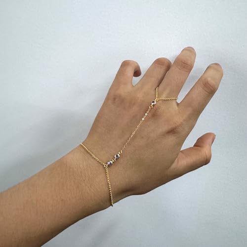 Kakikaki 925 Sterling Silver Finger Ring Bracelet Hand Chain for Women | Slave Bracelets 7" to 9" Adjustable - color: Gold, style: 3 Amethyst