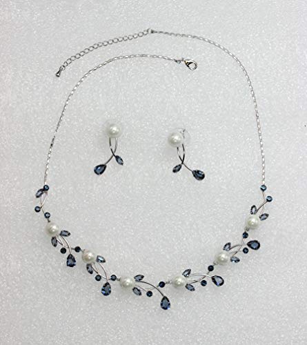 Faship Genuine 10mm Freshwater Pearls Floral Necklace Earrings Set | Premium CZ Crystal, Gorgeous, Sparkling - color: Navy Blue