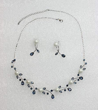 Faship Genuine 10mm Freshwater Pearls Floral Necklace Earrings Set | Premium CZ Crystal, Gorgeous, Sparkling - color: Navy Blue