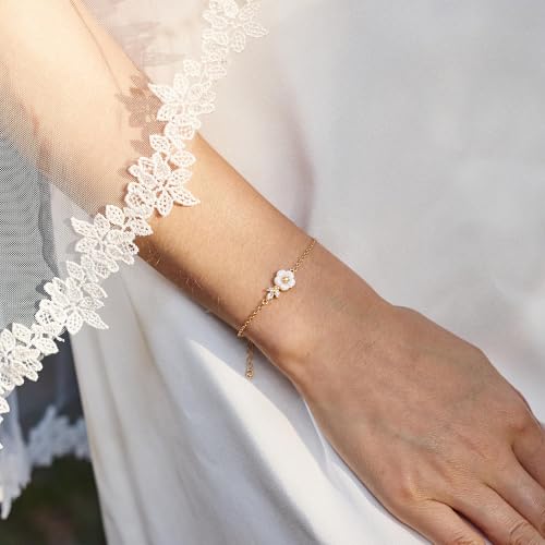 Gold Bracelets for Women Pearl Bracelet 14k Gold/White Gold Plated | Dainty Cubic Zirconia CZ Accented, Bridesmaid Jewelry, Prom Bracelet, Wedding Bracelets for Brides - color: gold-cute flower