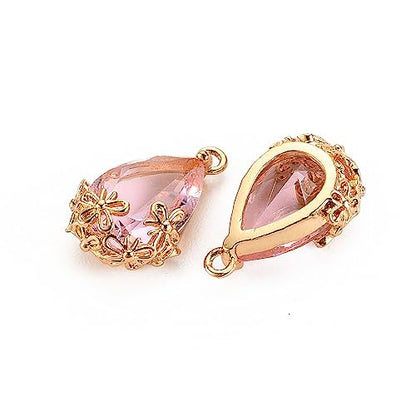 FASHEWELRY 50Pcs Faceted Teardrop Glass Charms Transparent Crystal Drop Pendants with Light Gold Brass Flower Setting for DIY Bracelet Necklace Earring Jewelry Craft Making - color: Pink