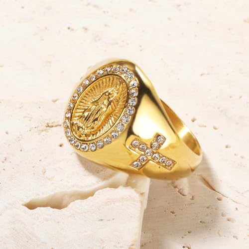 Christian Couple Signet Rings Set: Square Jesus (Men) & Oval Virgin Mary (Women), Stainless Steel Gold Plated with Side CZ Cross, Rhinestone Religious Rings - color: Mary