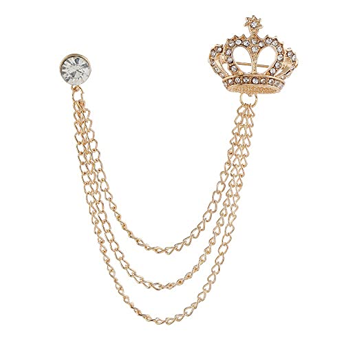 Rhinestone Crown Long Chain Brooch.Gold Silver Tassel Brooch Pin,Retro Crystal Suit Pins Collar Coat Pin for Men's Accessories Pin Husband Gifts - color: Gold