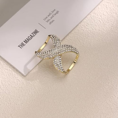 Rhinestone Infinity Silk Scarf Ring Brooch for Women Fashion Crystal X Chain Shawl Scarves Buckle Clip Brooches Dainty Dress Accessories Wedding Birthday Jewelry Gift - color: Gold-Tone