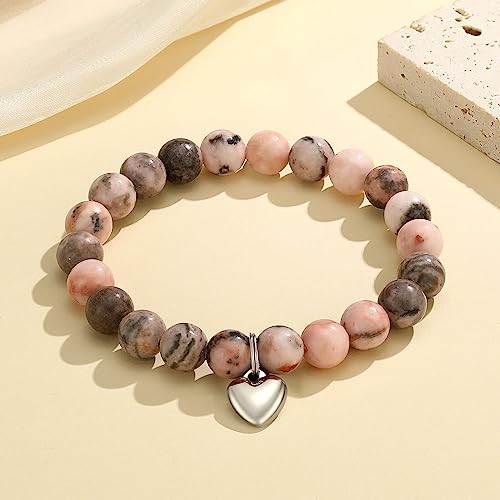 MIXJOY Inspirational Gifts for Women, Heart Charm Pink Elastic Beads Bracelet, Positive Affirmations Get Well Soon Gifts - style: steel heart will order Psalm pink
