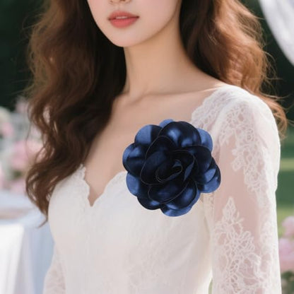 Large Rose Flower Brooches Chiffon Camellia Brooch Lapel Pins Hair Clips Hat Pins for Women Wedding Banquet Accessories Large Satin Flowers 5.5in - color: Navy Blue