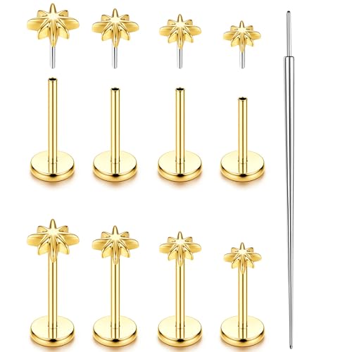 YADOCA Threadless Flat Back Earrings Gold Nose Studs Surgical Steel | Push-in flat back design for cartilage tragus helix conch and medusa piercings, gold plated stainless steel studs - color: Gold Star, size: 20G(0.8MM)