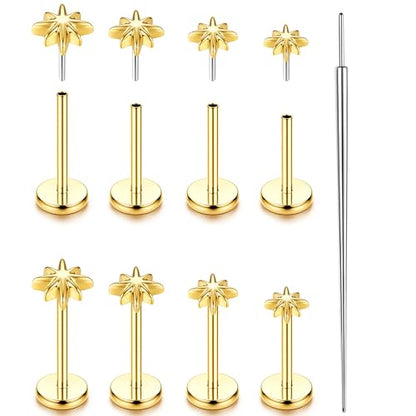 YADOCA Threadless Flat Back Earrings Gold Nose Studs Surgical Steel | Push-in flat back design for cartilage tragus helix conch and medusa piercings, gold plated stainless steel studs - color: Gold Star, size: 20G(0.8MM)