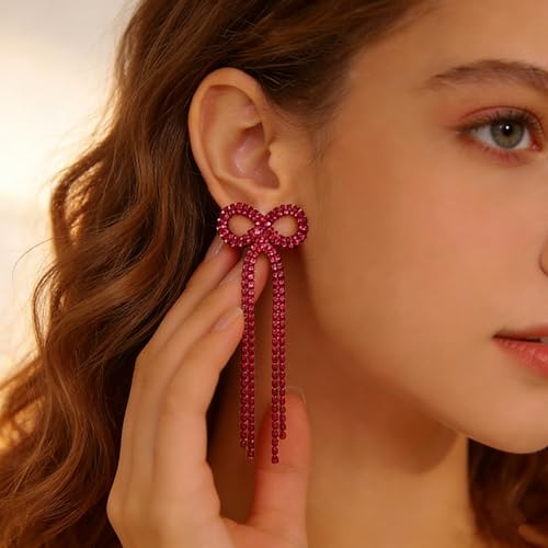 Rhinestone Earrings Dangling for Women Sparkly Silver Dangle Earrings Girls Long Chandelier Earrings Tassel Lightweight Ear Studs Cubic Zirconia (KE001S-W) - color: Bow Rose 516286RO
