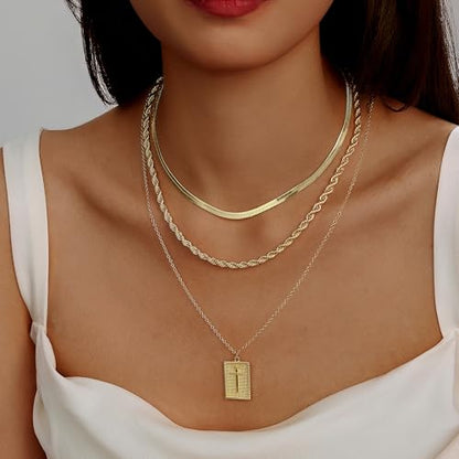 Evabelle Gold Layered Necklace for Women Trendy Jewelry 14K Real Gold Plated Chunky Chain Stackable Necklaces Dainty Choker Necklaces Rectangle Square Pendant - color: Gold Necklace 17