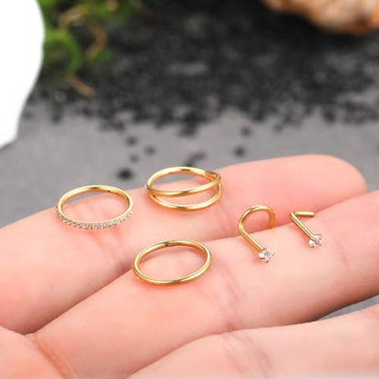 Xpircn 5pcs Hoop Nose Rings and L Shaped Nose Rings Stud Set 18G/20G Stainless Steel CZ Helix Conch Daith Tragus Cartilage Hoop Earrings for Women 6mm 7mm 8mm 10mm - color: Gold, size: 18G, 10mm hoop & 7mm studs