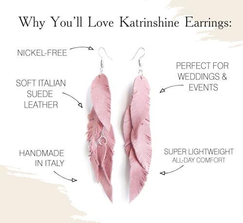 Leather Feather Earrings, Suede layered earrings, boho wedding jewelry, summer earrings, gift for her, dangle earrings - color: light pink