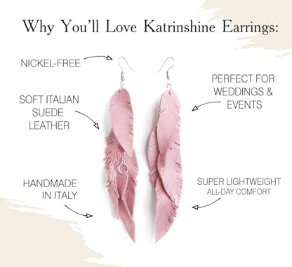 Leather Feather Earrings, Suede layered earrings, boho wedding jewelry, summer earrings, gift for her, dangle earrings - color: light pink