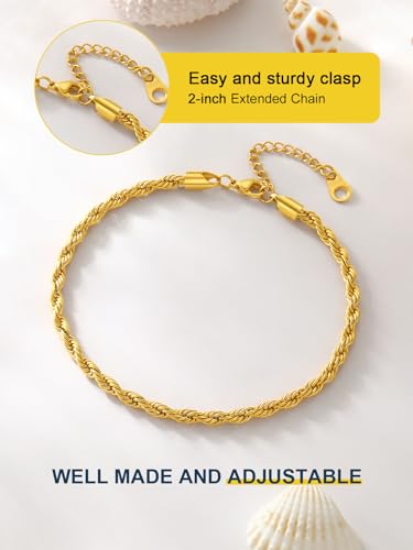ChainsPro Resizable Anklet Chain for Women Men, Figaro/Wheat/Twist Rope/Cuban Foot Bracelet-Strong with Good Clasp-18K Gold Plated(Send Gift Box) - color: 09:twsit rope-Gold