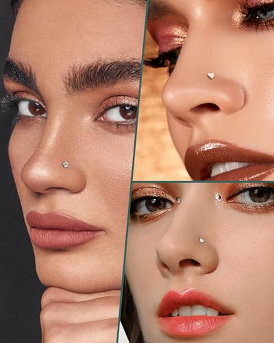 3PCS Titanium Flower Nose Rings Studs 20G, 6.5mm L-Shaped Nose Piercing Jewelry Set - Hypoallergenic Surgical Steel Heart L Bend Nostril Stud for Women Men - color: 3PCS-Silver
