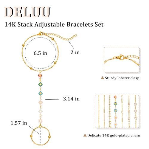 DELUU 7Pcs Gold Plated Hand Chain Bracelet for Women,Stack Bracelet Set | 14K Gold Plated,Adjustable Hand Chain,Ring Bracelet,Comfortable and Smooth,Sturdy and Durable,Daily Wear for Trendy Women