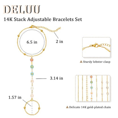 DELUU 7Pcs Gold Plated Hand Chain Bracelet for Women,Stack Bracelet Set | 14K Gold Plated,Adjustable Hand Chain,Ring Bracelet,Comfortable and Smooth,Sturdy and Durable,Daily Wear for Trendy Women