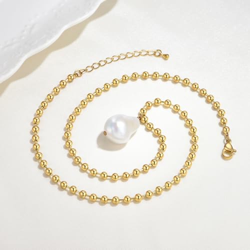 NUZON Sunburst Heart / 2-Tone Interlocking/CZ Evil Eye/Single Pearl/Love Heart Pendant Necklace for Women 14K Gold Chain Necklace Chunky Statement Jewelry - color: Baroque Pearl Pendant