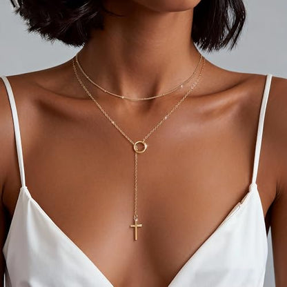 CHESKY Lariat Necklace for Women，14k Gold/Sliver Plated Layered Necklace | Gold/Sliver Long Necklace，Dainty Cross Pendant, Wedding Y-Shaped Drop Chain, Waterproof Jewelry Gift for Women Everyday Wear - style: Cross