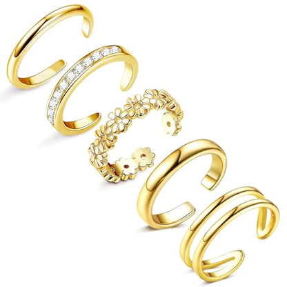 3-5 Pcs Toe Rings for Women 14K Gold Plated Open Toe Ring Set Dainty Flower CZ Band Knuckle Tail Ring Waterproof Summer Beach Foot Jewelry - color: c: 5pcs-gold