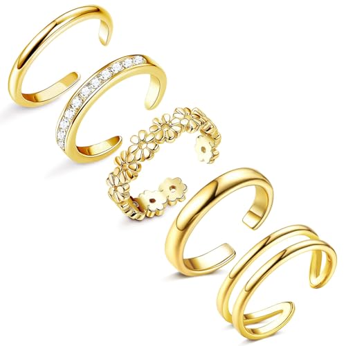 3-5 Pcs Toe Rings for Women 14K Gold Plated Open Toe Ring Set Dainty Flower CZ Band Knuckle Tail Ring Waterproof Summer Beach Foot Jewelry - color: c: 5pcs-gold
