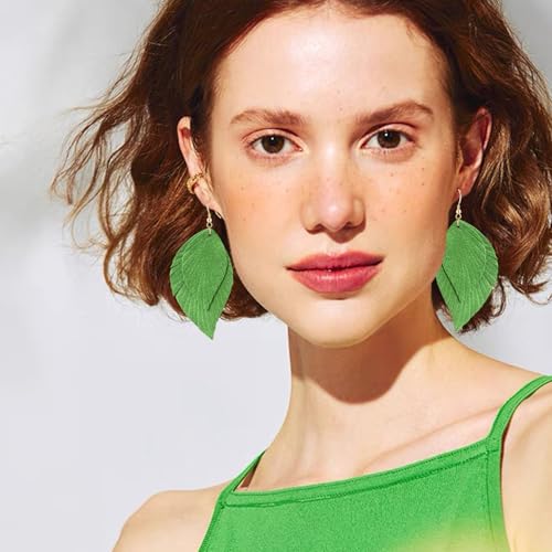 Genuine Leather Handmade Fringe Feather Lightweight Dangle Drop Earrings Teardrop Tassel Hook Earrings for Women - style: 6 Bright Green