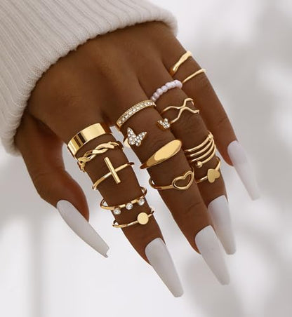 iF YOU 25 Pcs Gold Stackable Ring Set for Women, Chunky Knuckle Finger Midi Rings, Silver Simple Stacking Cute Rings Pack Trendy Stuff Jewelry Gift - style: 25 Gold thin rings