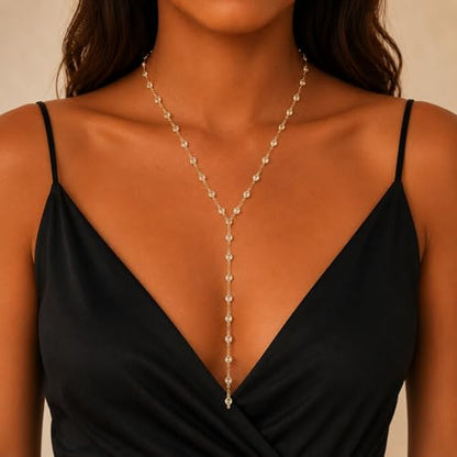 Frodete Gold Lariat Necklace for Women Long Gold Drop Necklace with Clear Beads Adjustable Y Necklace for Dresses Party Vacation - color: A1:gold long necklace