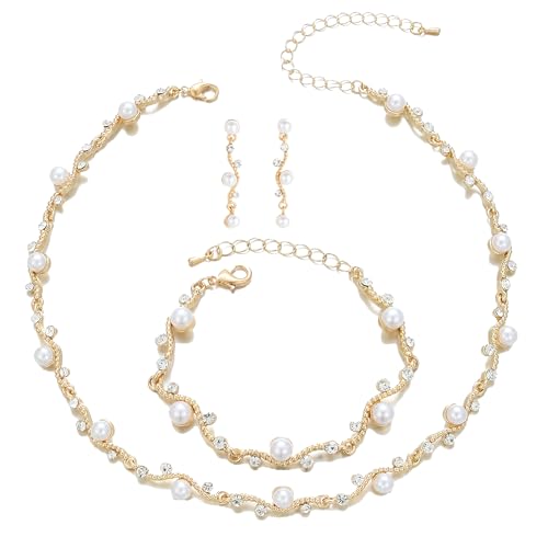 Bridal Pearl Choker Necklace Earrings Bracelet Wedding Crystal Jewelry Set for Women Brides Bridesmaid Prom - color: White-Gold Plated
