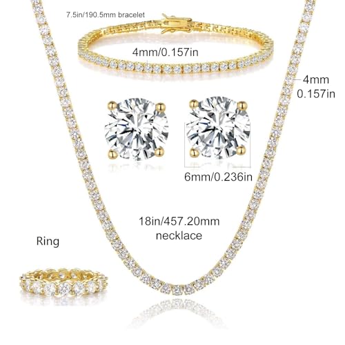 18K White Gold Plated Tennis Necklace/Bracelet/Earrings/Band Ring Sets Hypoallergenic Jewelry Pack of 4 - color: Yellow Gold