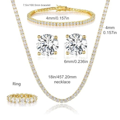 18K White Gold Plated Tennis Necklace/Bracelet/Earrings/Band Ring Sets Hypoallergenic Jewelry Pack of 4 - color: Yellow Gold