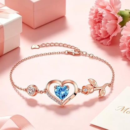 1CT Rose Heart Birthstone Bracelet for Women Love Gift - style: 03/12-Mar/Dec Light Blue Rose Gold