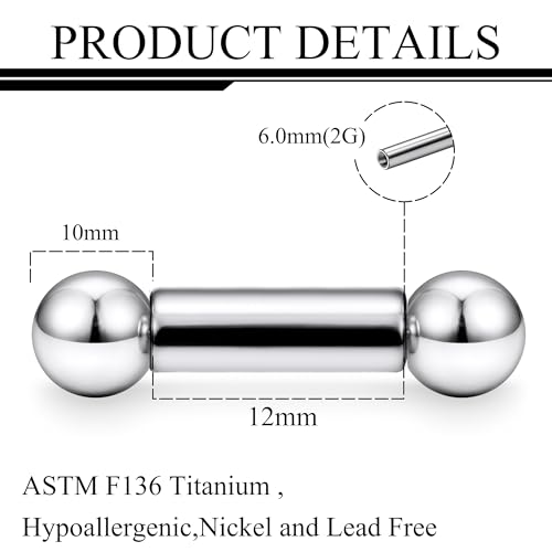 Ruifan Grade 23 Titanium Internally Threaded Nipple Piercing Jewelry Barbell Ring PA Tongue Rings Nipple Straight Body Piercing Jewelry for Women Men 16G 14G 12G 8G 6G 4G 2G - size: 2GA - 1/2" (12mm)