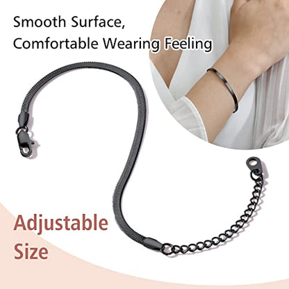 FindChic Elegant Herringbone Snake Chain Anklets/Bracelets 3MM/5MM Width Stainless Steel/18K Gold/Rose Gold Plated/Black 4 Color Options, 8.3'' 8.5'' 10.5'' Length, with Gift Box - color: B: 3mm 6.3'' bracelet (Black)