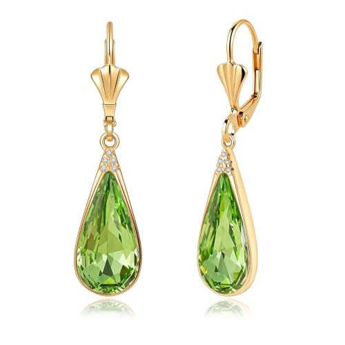 Teardrop Austrian Crystal Leverback Dangle Drop Earrings for Women | 14K Gold Plated,Classic Teardrop Elegance,Leverback for Easy Secure Wear,Gift Box Included, Brighten Up Daily and Party Looks - color: Fern Green