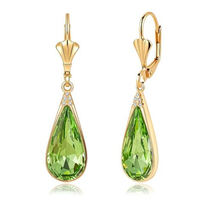 Teardrop Austrian Crystal Leverback Dangle Drop Earrings for Women | 14K Gold Plated,Classic Teardrop Elegance,Leverback for Easy Secure Wear,Gift Box Included, Brighten Up Daily and Party Looks - color: Fern Green