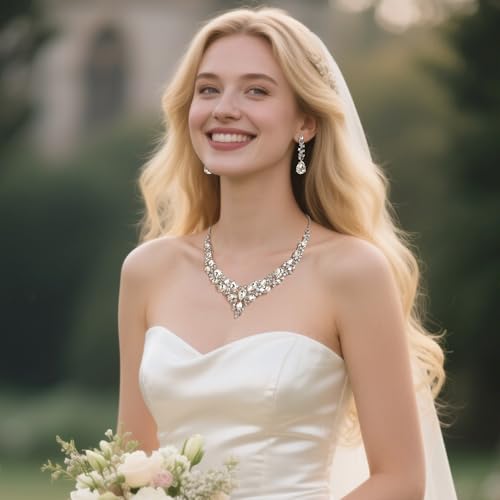 Women's Wedding Statement Necklace Dangle Earring Jewelry | Austrian Crystal Teardrop Cluster,Necklaces Earrings Set for Bride Bridesmaid,Prom Accessories - color: 10-Clear Rhodium-Tone
