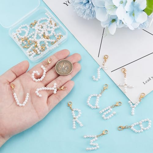 PH PandaHall 26pcs A~Z Pendants Imitated Pearl Charms Alphabet Letter Charms with Golden Alloy Lobster Claw Clasps for Jewelry Bracelet Necklace Making Shoes Deco DIY Crafting, 35~52mm