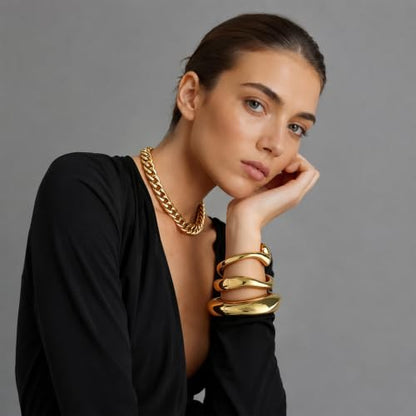 Chunky Gold Bangle Bracelets for Women Trendy 14K Gold Plated Cuff Bracelets Stack, Dainty Gold Bracelet Sets Non Tarnish Fashion Jewelry Gift - style: 3pcs-Gold