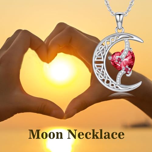 TOUPOP Moon and Star Birthstone Necklace for Women 925 Sterling Silver Celtic Moon Jewelry Birthday Mothers Day Gifts for Mom Wife Her - color: 07-July-Ruby