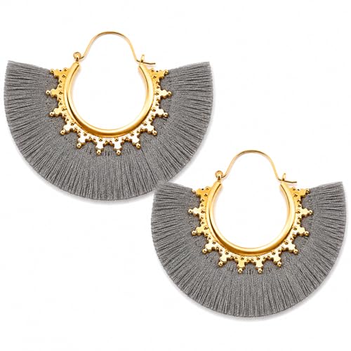 Tassel Hoop Earring Statement Thread Dangle Earrings Stylish Long Fringe Drop Earrings Lightweight Long Swingy French Hook Earrings for Women - color: B Grey