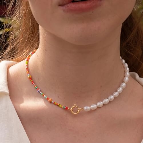 Wellike Colorful Beaded Necklaces For Women Pearl Choker Necklace 18k Gold Plated Dainty Handmade Summer Trendy Jewelry - color: KKWX746