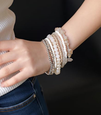 Noessla Boho Beaded Bracelets for Women Stackable Irregular Natural Stone Bead Stretch Bracelet Set 8PCS Costume Jewelry Gifts for Her - color: Beige