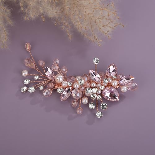 Teyglen Bridal Rhinestone Hair Clip Pink Pearl Crystal Hair Barrette Sparkly Hair Piece Wedding Hair Clips Hair Accessories Jewelry for Women (Pink) - color: Pink